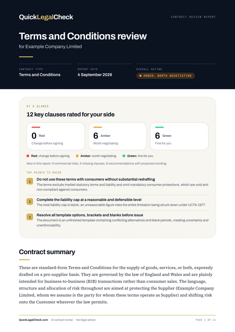 The first page of a QuickLegalCheck PDF report: the overall rating, the clause ratings at a glance and the top points to raise